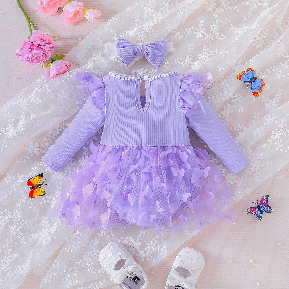 3D butterfly Baby long sleeve dress with headband