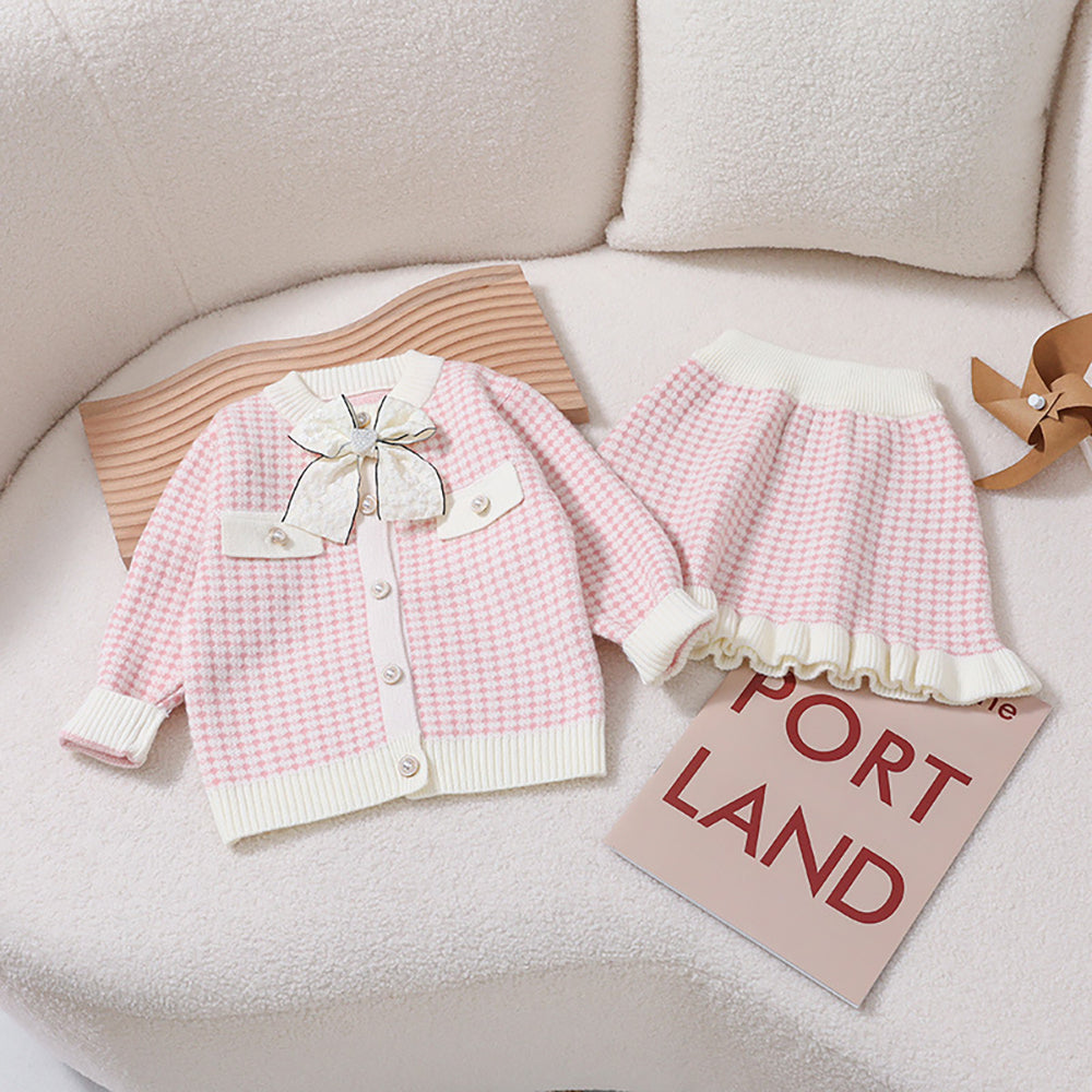 2 piece Girls long sleeve knitted jacket + skirt and removable bow knot