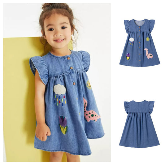 Embroidered flying sleeve denim dress