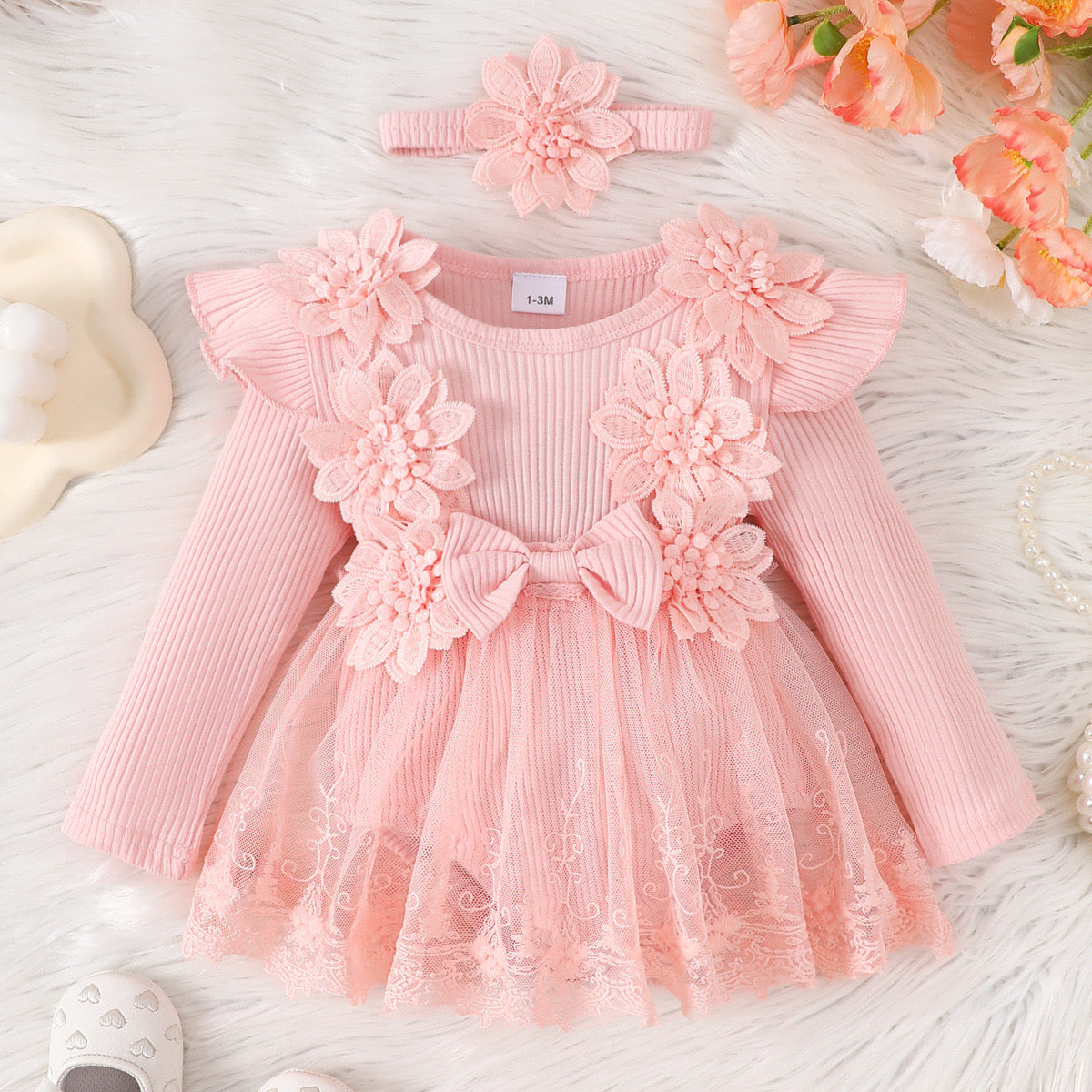 long sleeve romper dress with flowers + headband 2 color