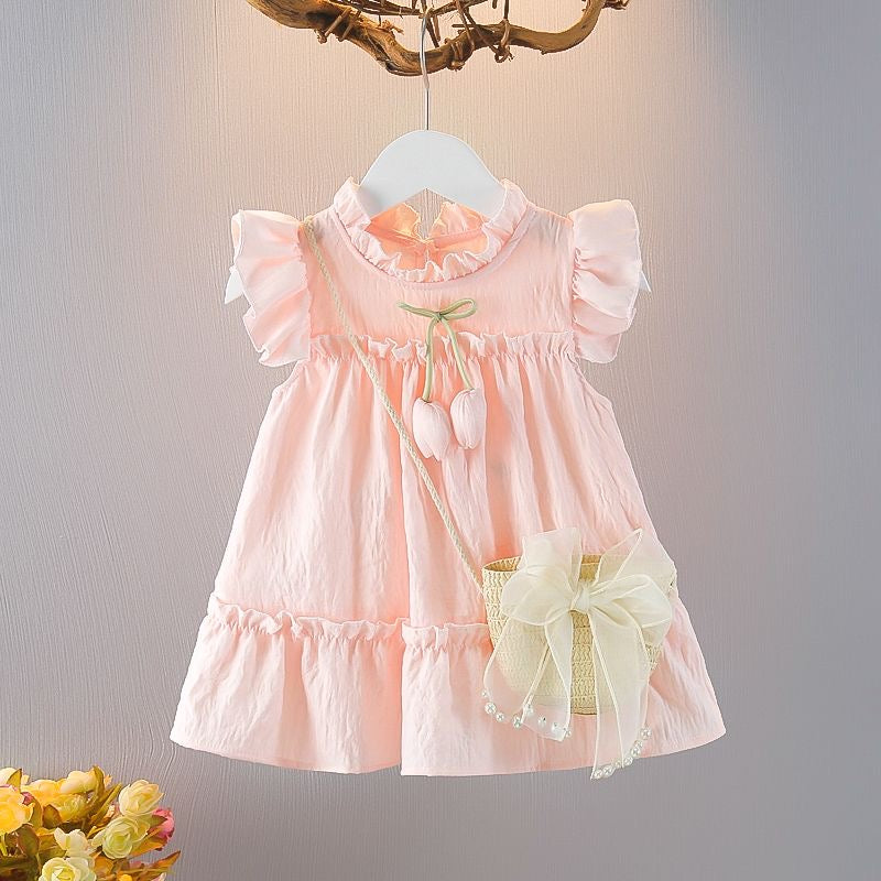 Girls cotton dress with flying sleeves and tulip flowers + straw bag