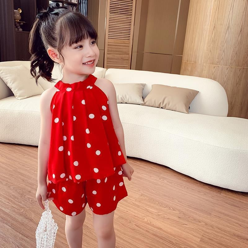 2 piece set sleeveless top + short pants with printed polka dots