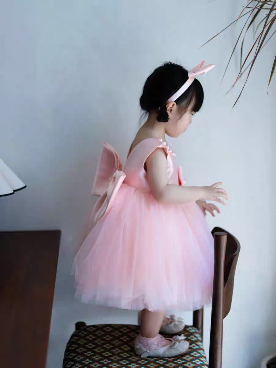 Puffy tulle dress pearls design charming ball gown for girls with removable big bow at back