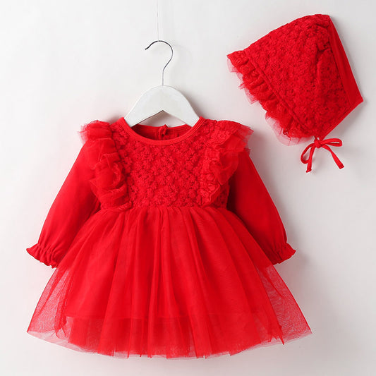 Baby long sleeve dress with hat embroidered dandelions red