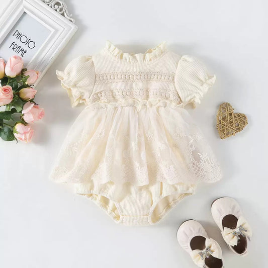 Short sleeve waffle romper dress ruffle collar beige