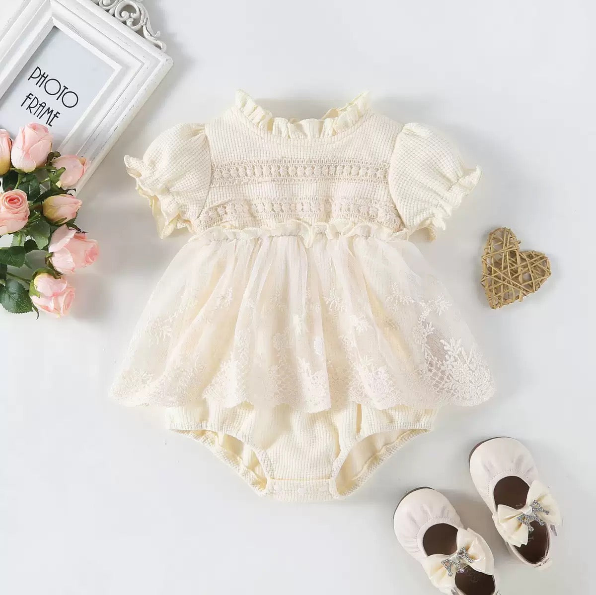 Short sleeve waffle romper dress ruffle collar beige