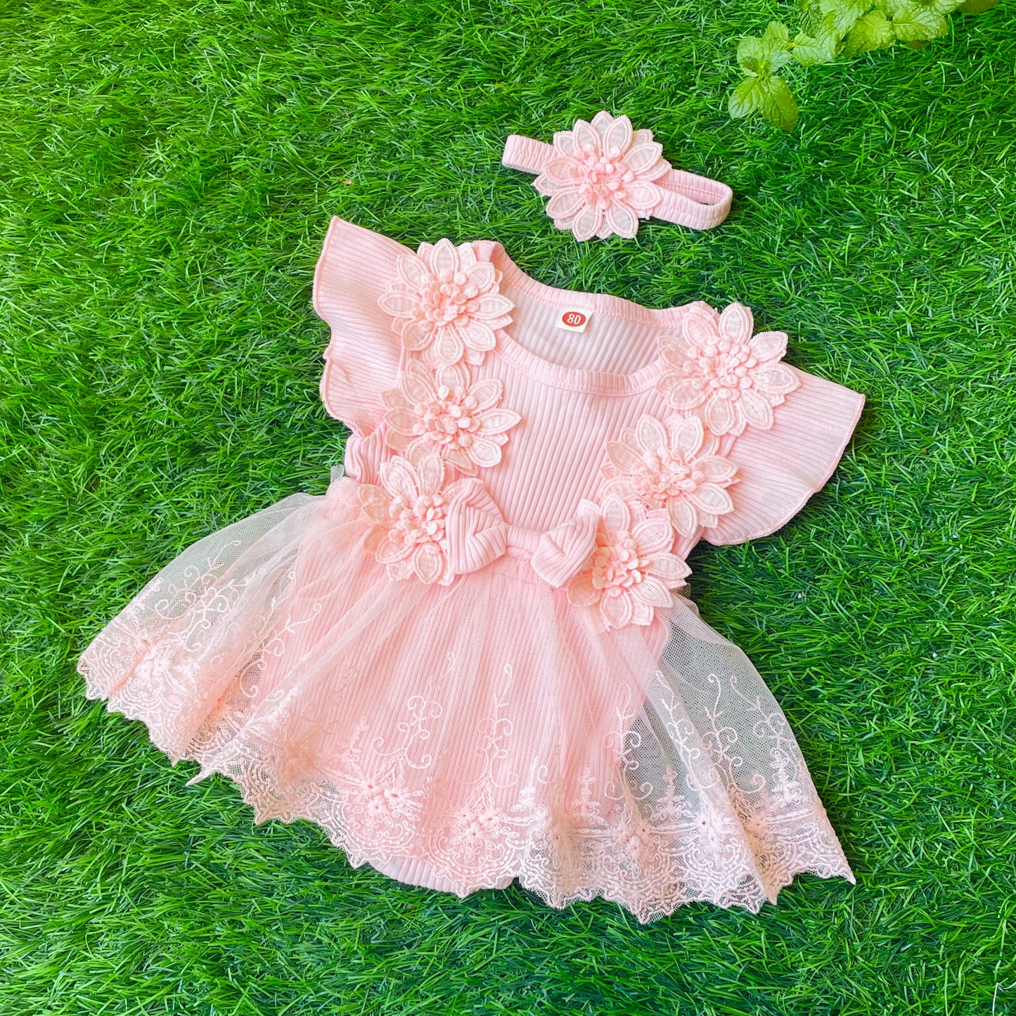 Baby Girl Lace Romper Dress flower and bow Boho + headband 4 color