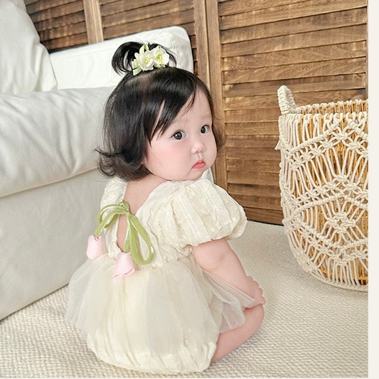 Baby romper dress with tulip flower beige