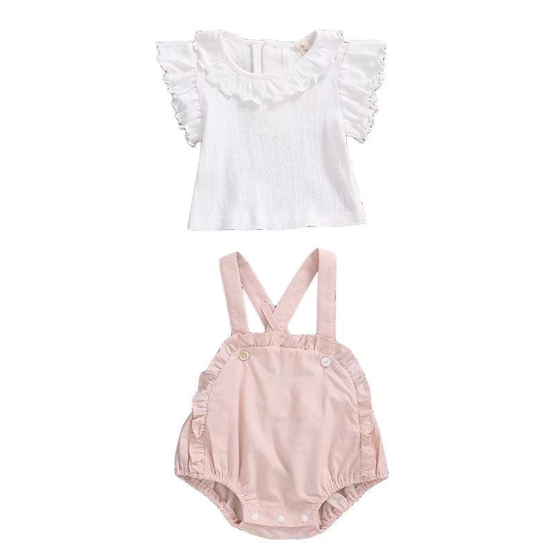 3 pieces romper + ruffle trim Tee+socks