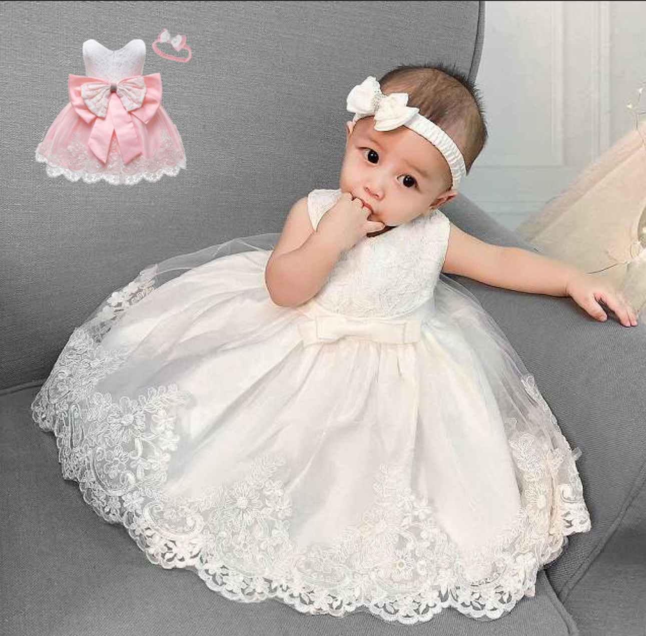 Baby Girls Dresses Embroidered Pageant Wedding Flower Girl Birthday Tulle Dresss big bow knot 2 color