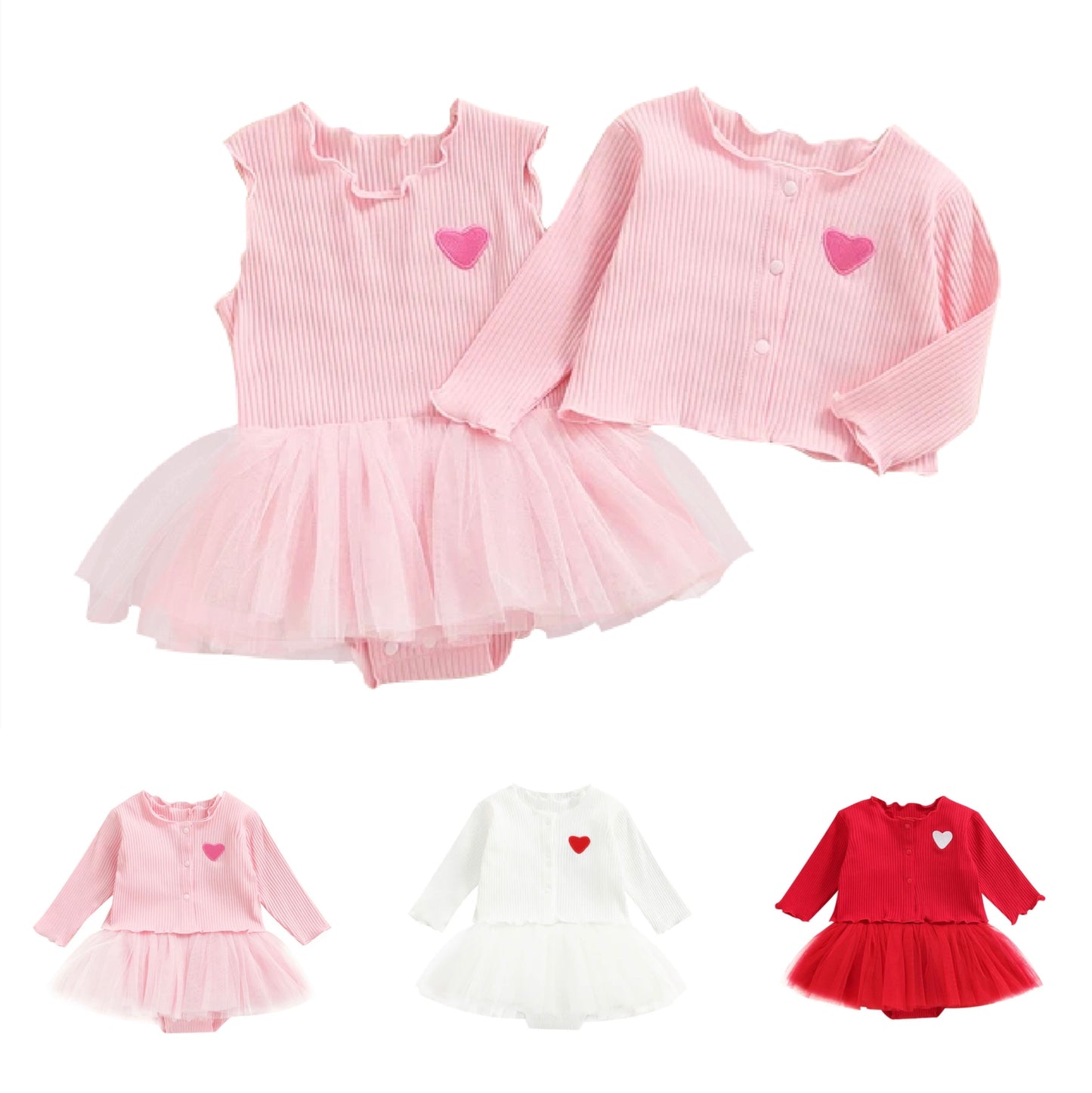 2 piece set 100% cotton knitted long sleeve  baby embroidered heart cardigan+tulle dress 3 colors