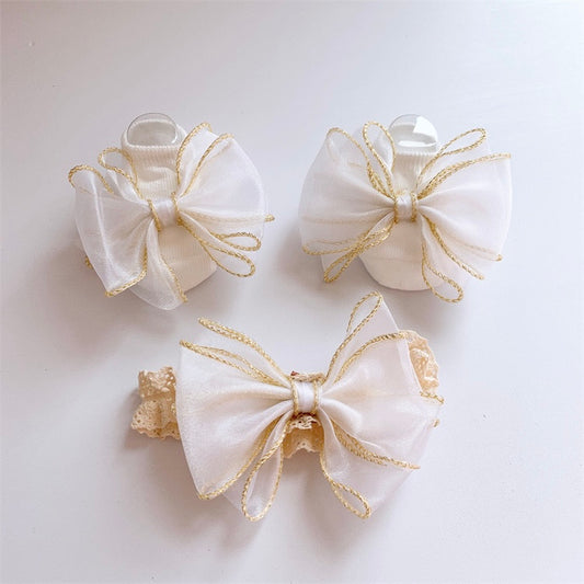 2 piece set Baby socks and headband Gold-rimmed bow knot