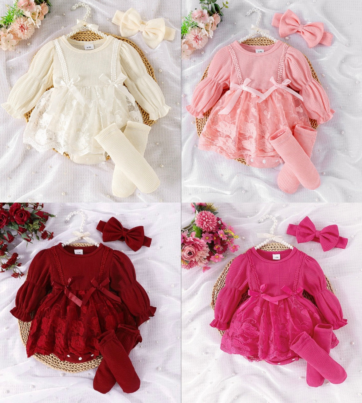 مجموعة من 3 قطع من فستان رومبير بأكمام طويلة + جوارب + عصابة رأس