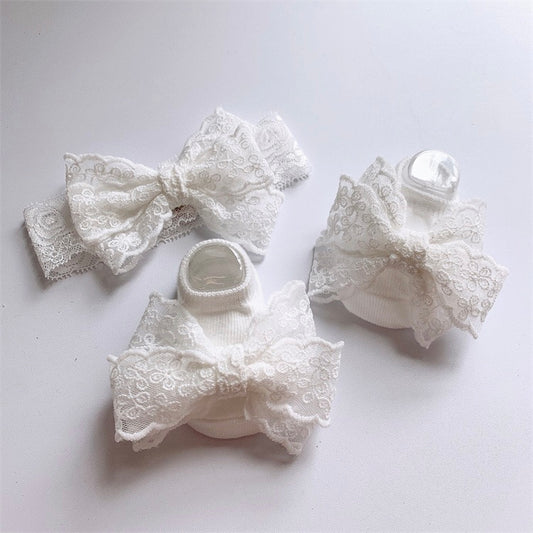 2 piece set Baby socks and headband white lace bow knot