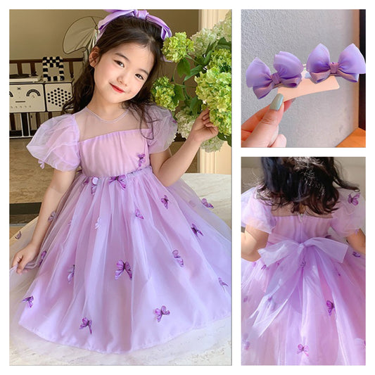 Puff sleeve girl dress with 3D butterfly + hair clip