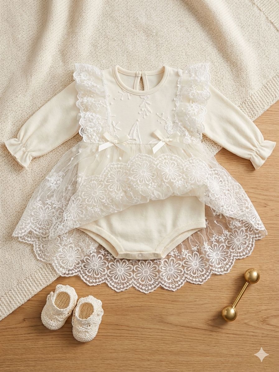 beige long sleeve romper dress with 2 bows
