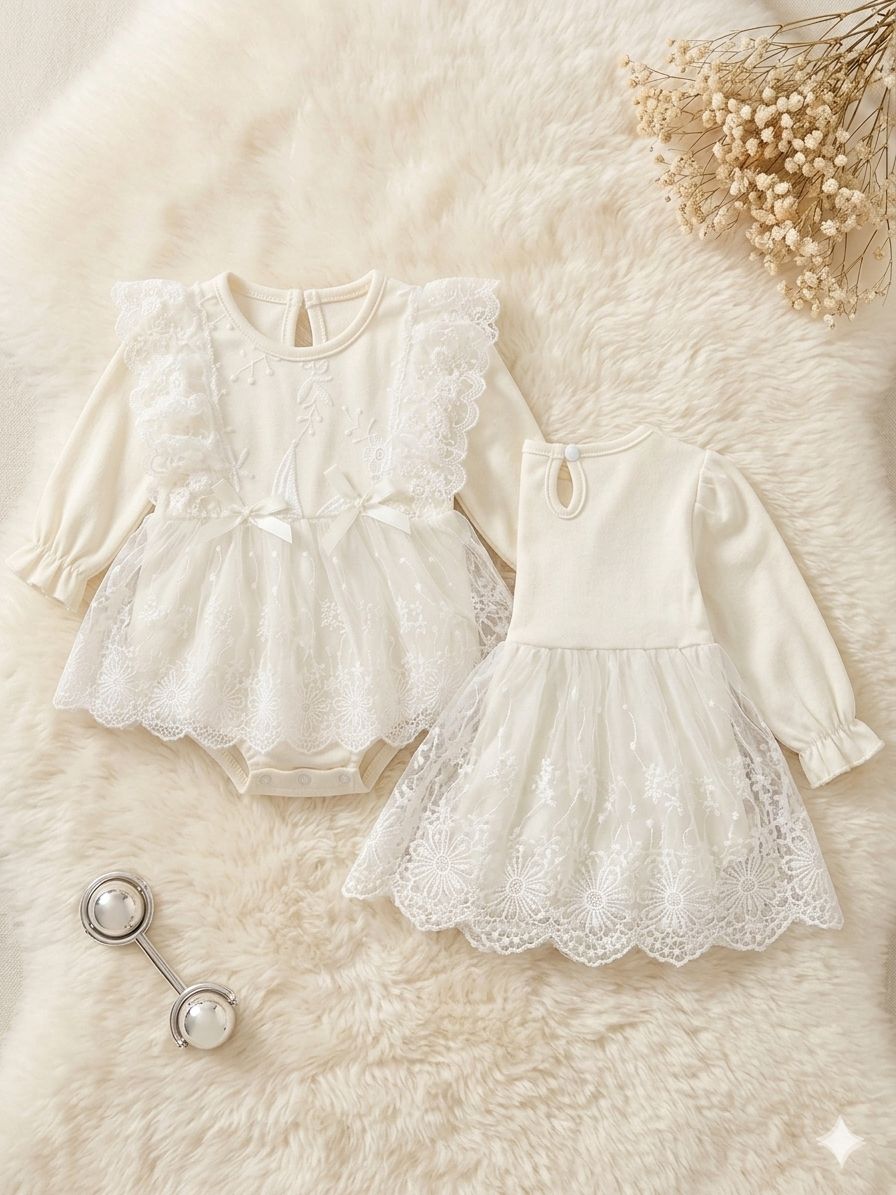 beige long sleeve romper dress with 2 bows