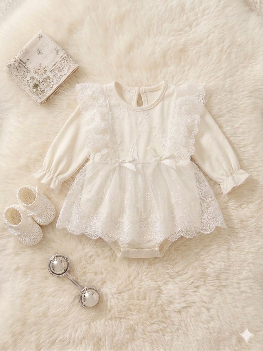 beige long sleeve romper dress with 2 bows