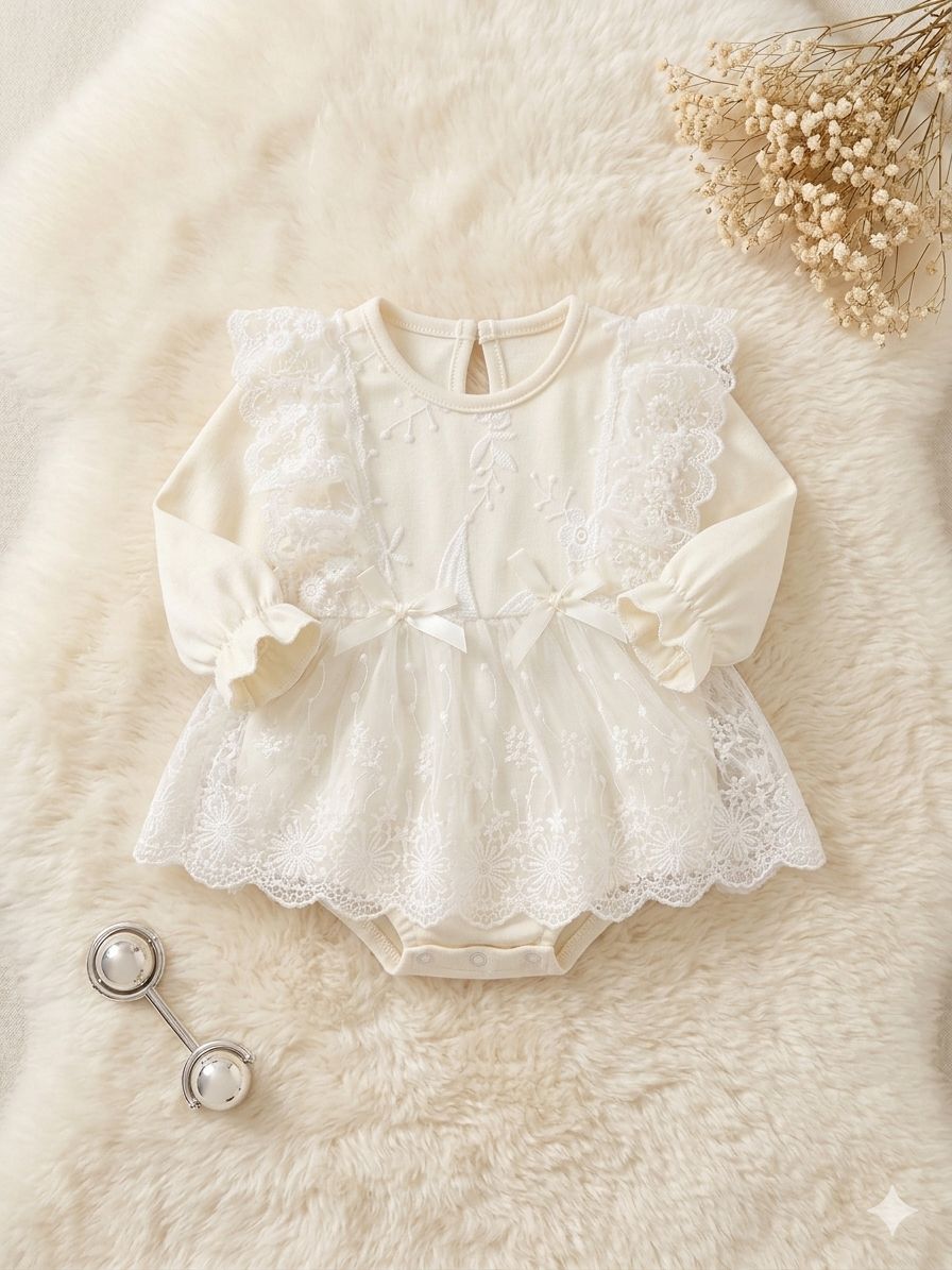 beige long sleeve romper dress with 2 bows