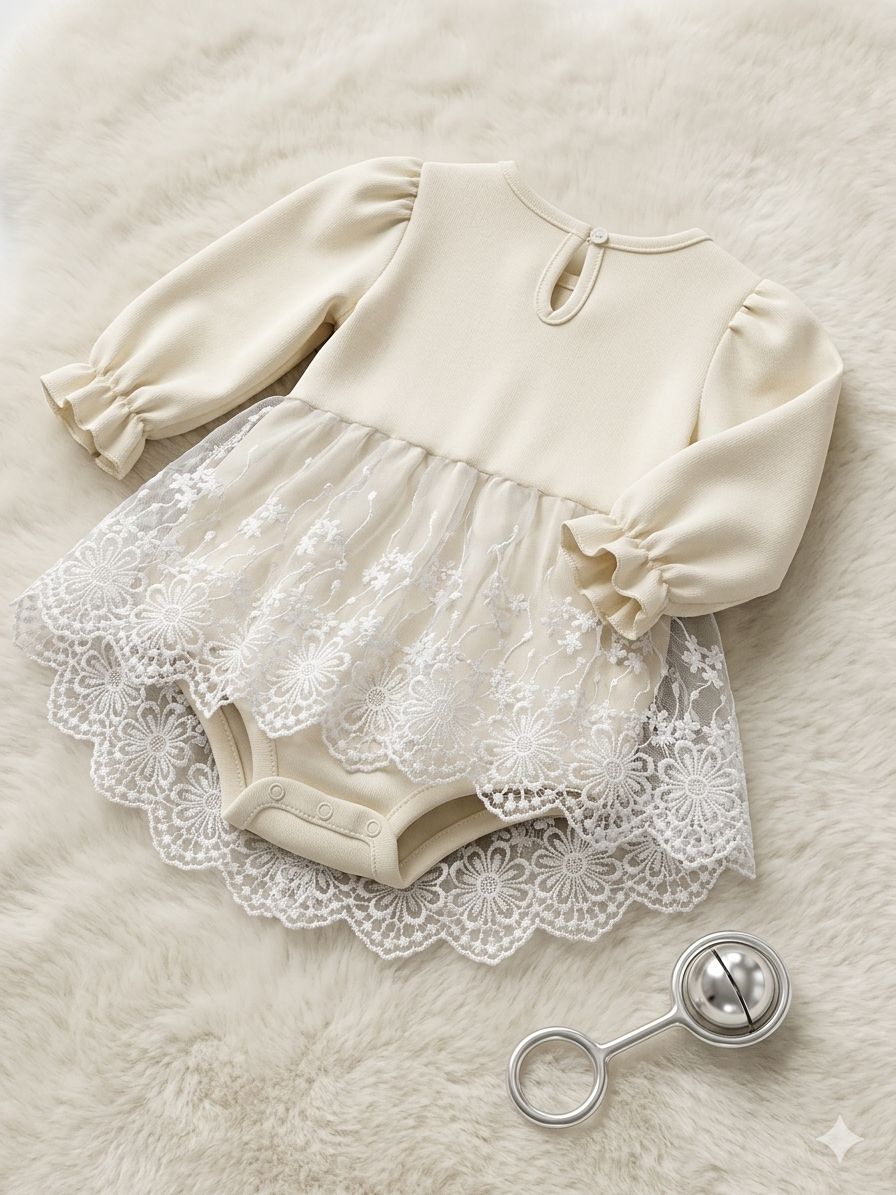 beige long sleeve romper dress with 2 bows