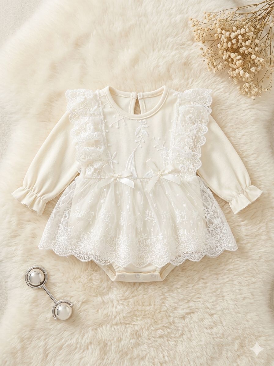 beige long sleeve romper dress with 2 bows