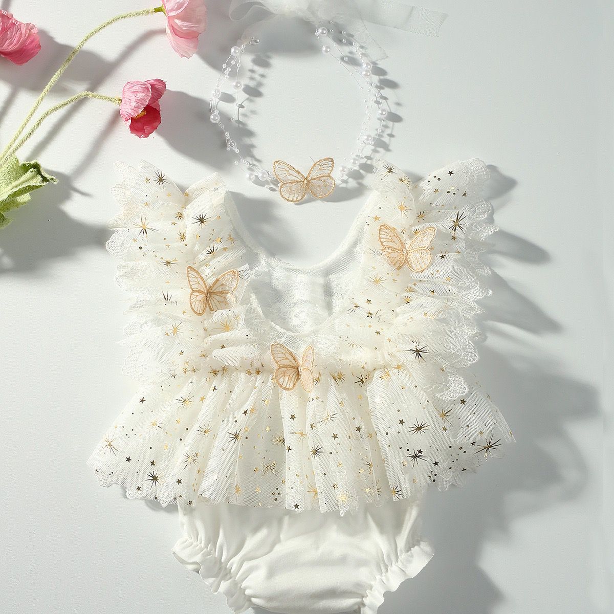 set of 2pcs newborn Baby Girl butterfly mesh romper dress  + headband 0-1 month