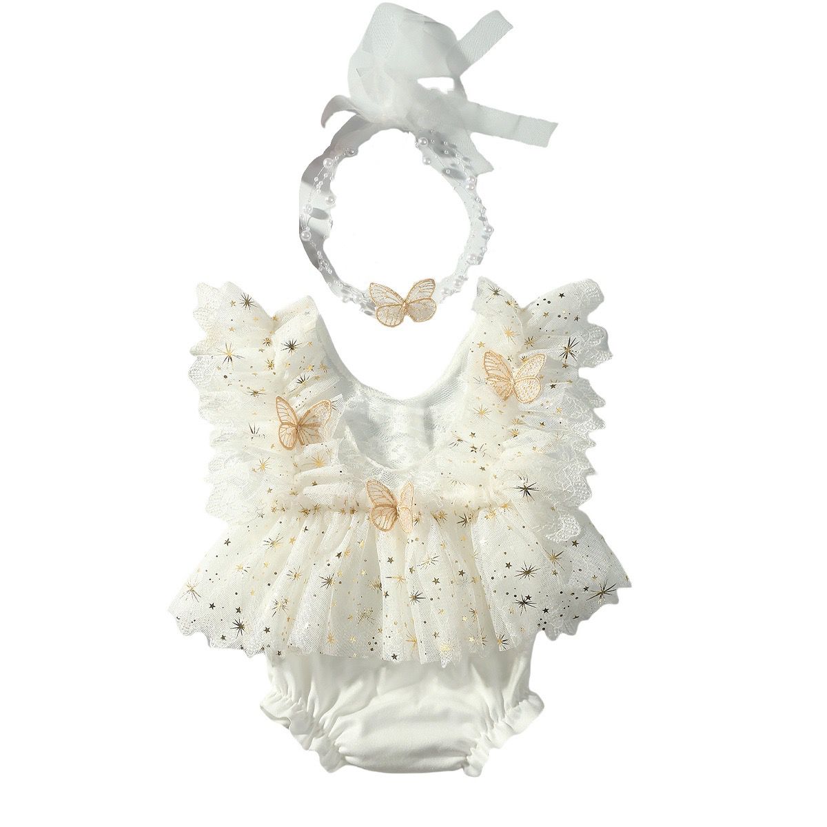 set of 2pcs newborn Baby Girl butterfly mesh romper dress  + headband 0-1 month