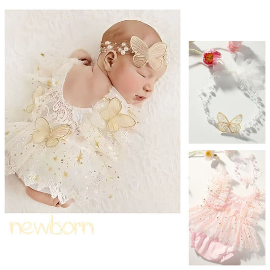 set of 2pcs newborn Baby Girl butterfly mesh romper dress  + headband 0-1 month