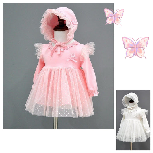 2pcs set baby long sleeve dress flying sleeves+  hat 2 color