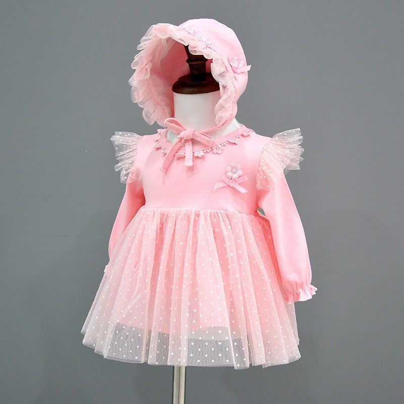 2pcs set baby long sleeve dress flying sleeves+  hat 2 color