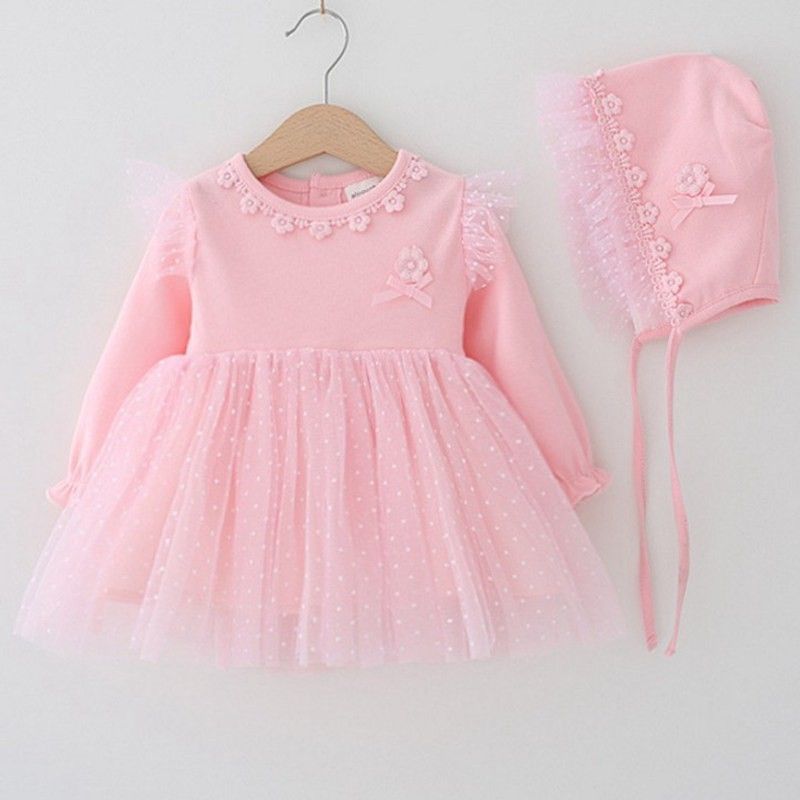 2pcs set baby long sleeve dress flying sleeves+  hat 2 color