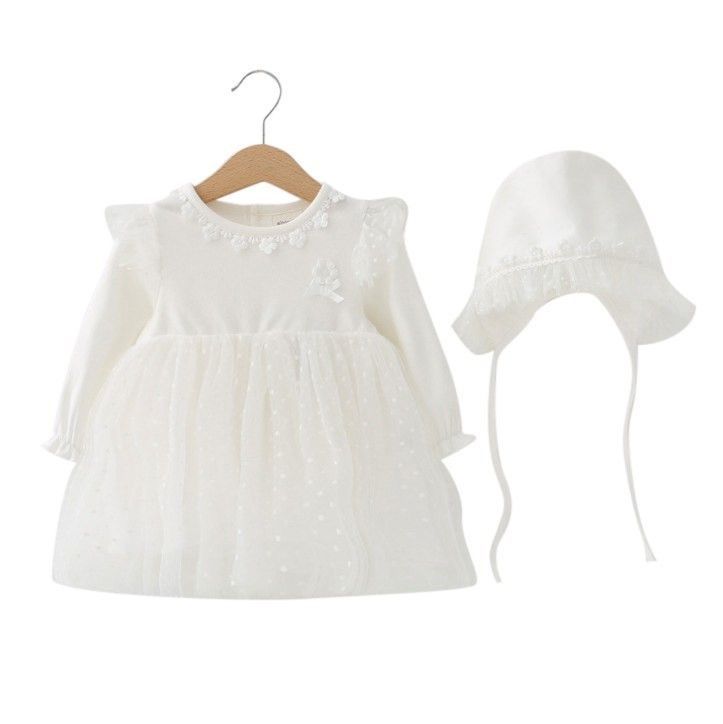 2pcs set baby long sleeve dress flying sleeves+  hat 2 color