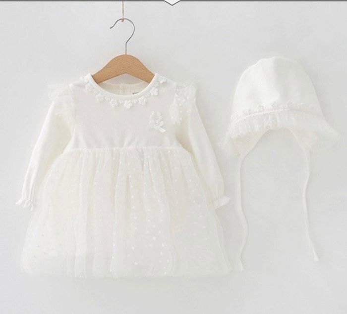 2pcs set baby long sleeve dress flying sleeves+  hat 2 color