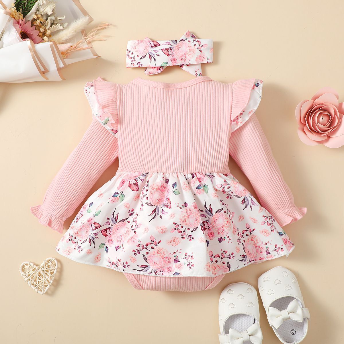 set of 2 pcs long sleeve baby romper dress + headband