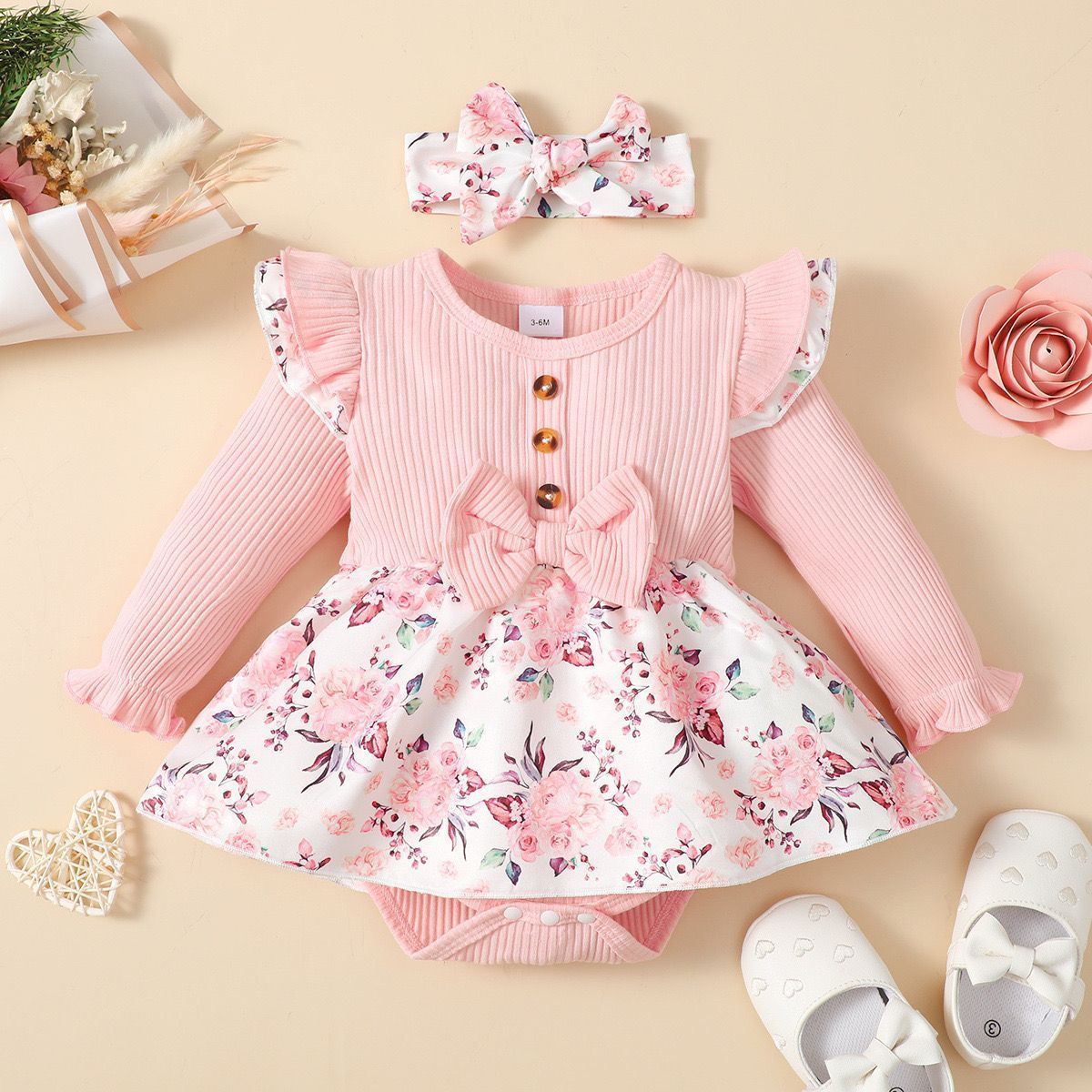 set of 2 pcs long sleeve baby romper dress + headband