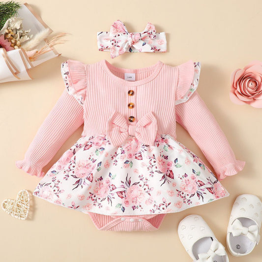 set of 2 pcs long sleeve baby romper dress + headband