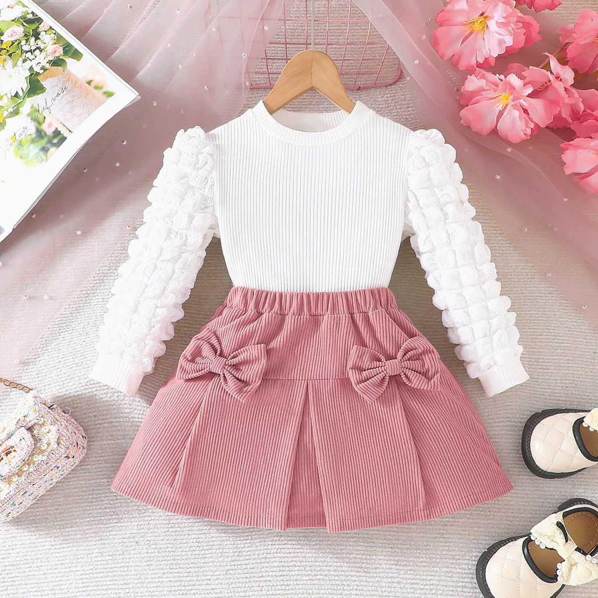 Set of 2 pcs puff long sleeve top + skirt .