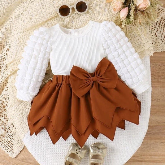 Set of 2pcs puff long sleeve Top + skirt with bow