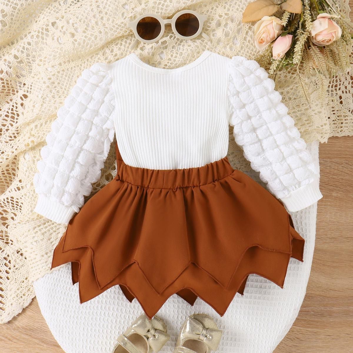 Set of 2pcs puff long sleeve Top + skirt with bow