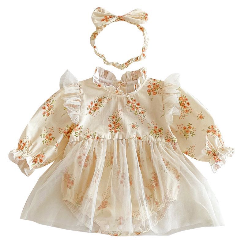 Set of 2pcs long sleeve baby romper dress + headband . 100% cotton