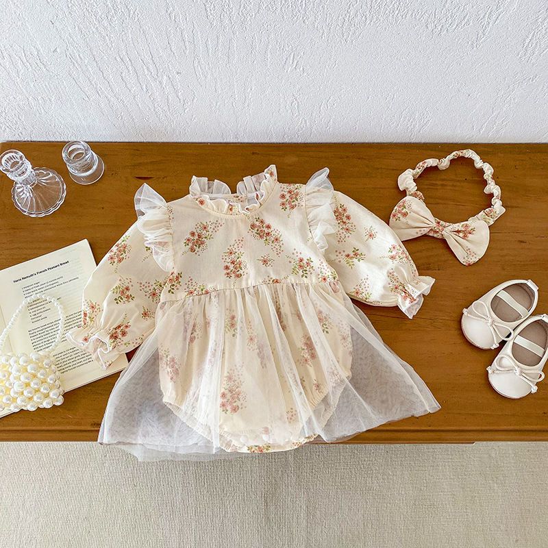 Set of 2pcs long sleeve baby romper dress + headband . 100% cotton