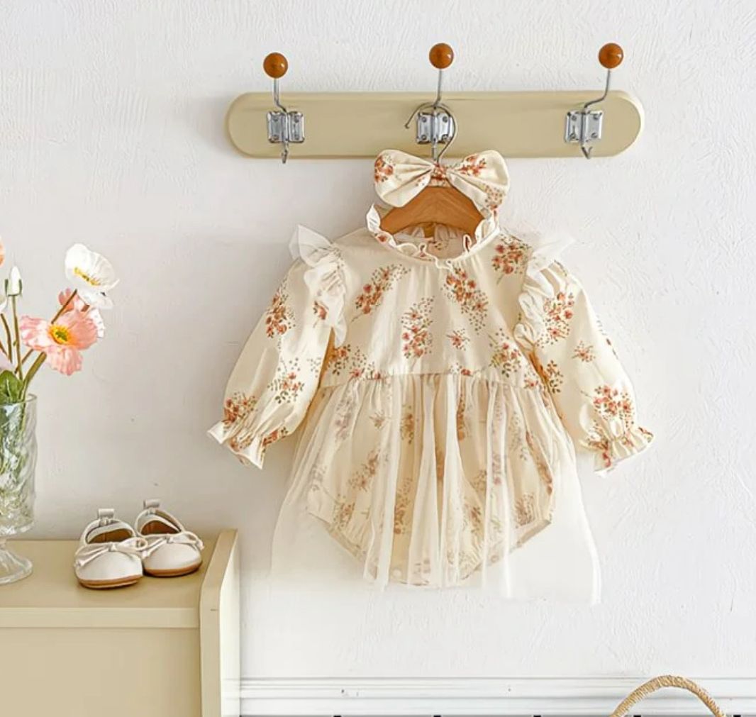 Set of 2pcs long sleeve baby romper dress + headband . 100% cotton