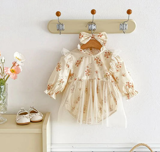 Set of 2pcs long sleeve baby romper dress + headband . 100% cotton
