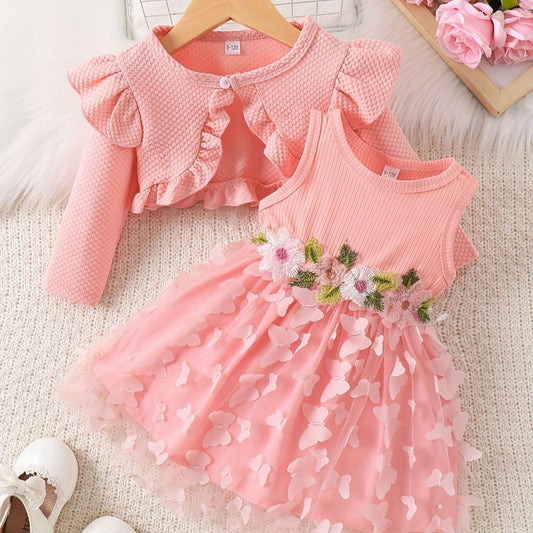 Set of 2pcs long sleeve jacket + 3D butterfly dress flowers at waist