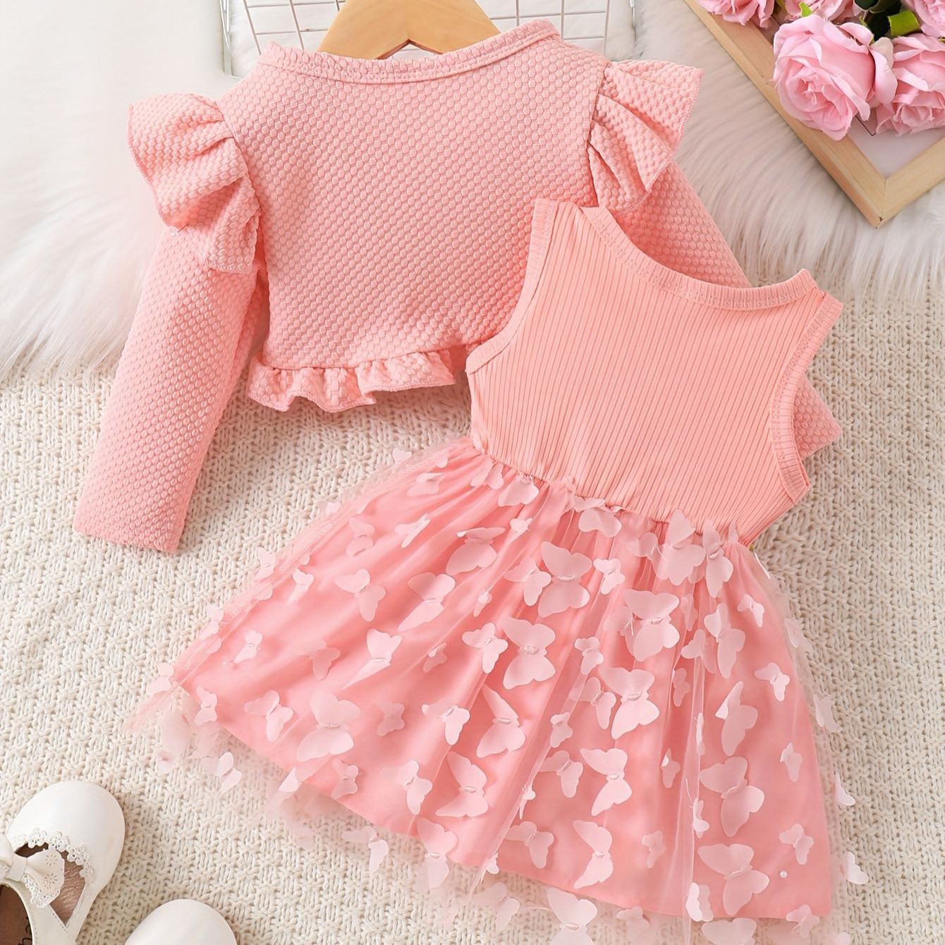 Set of 2pcs long sleeve jacket + 3D butterfly dress flowers at waist
