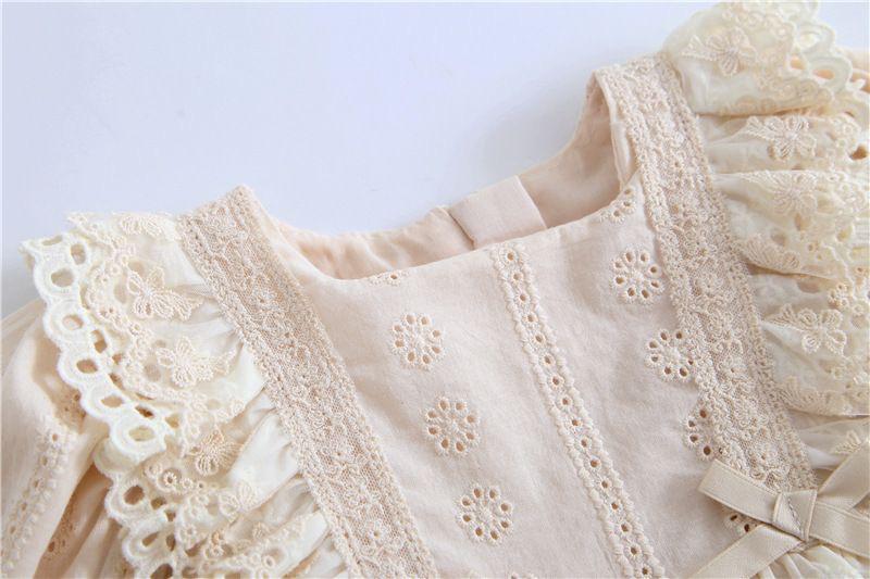 2 pcs set girl long sleeve dress ith lovely lace and bow knot + headband beige color