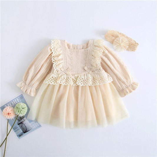 2 pcs set girl long sleeve dress ith lovely lace and bow knot + headband beige color