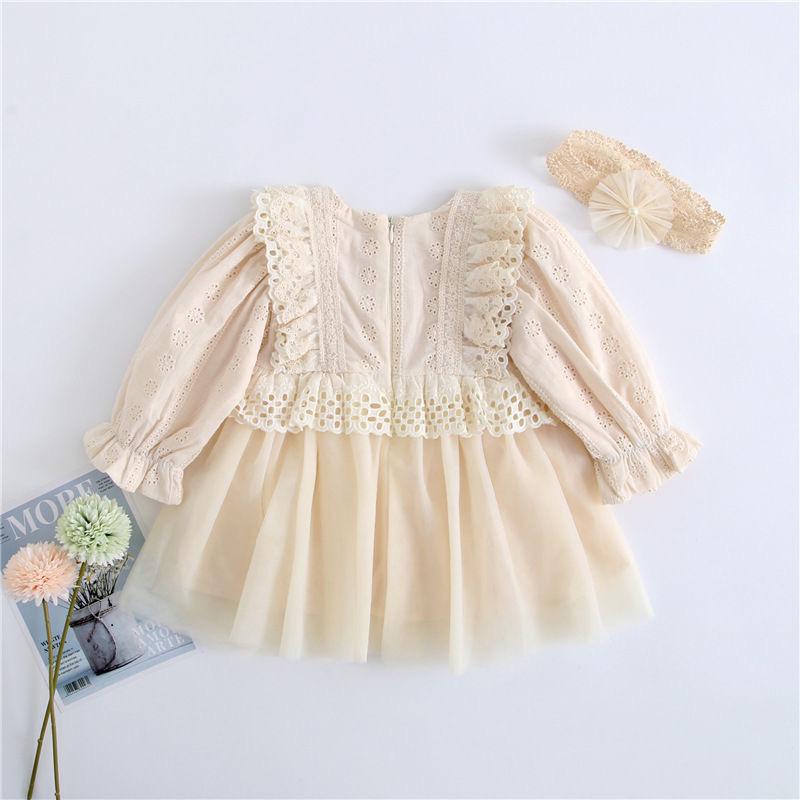 2 pcs set girl long sleeve dress ith lovely lace and bow knot + headband beige color