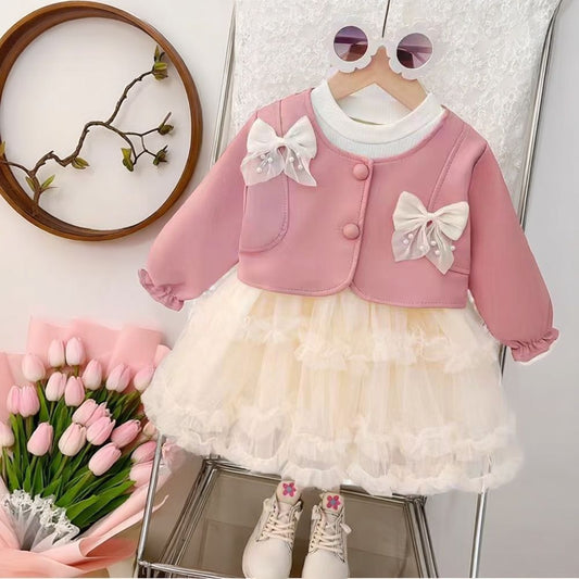 2pcs long sleeve leather jacket + tulle dress .
