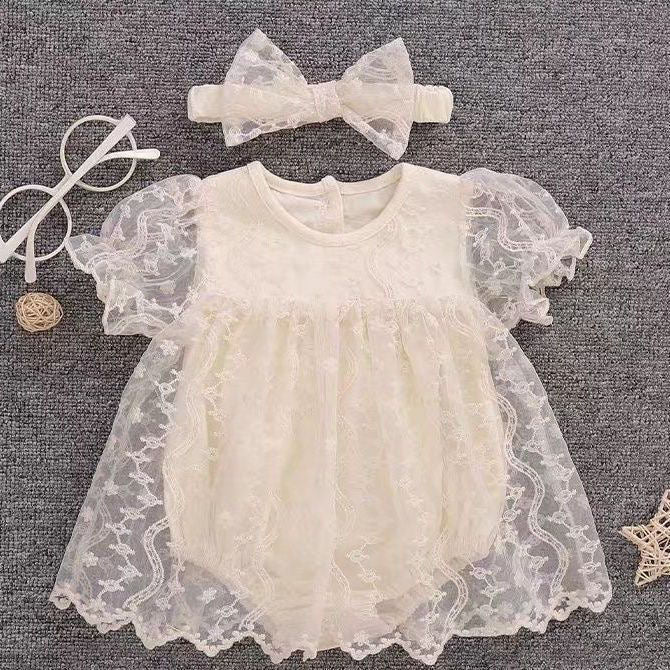 Baby beige lace short sleeve romper dress with headband